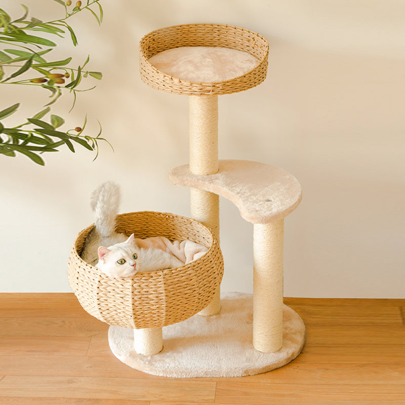 Handmade plush cat tree with cozy sleep bowl, multiple levels, and sisal scratching post for cats.