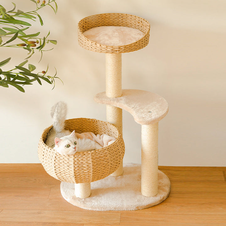 Handmade plush cat tree with cozy sleep bowl, multiple levels, and sisal scratching post for cats.