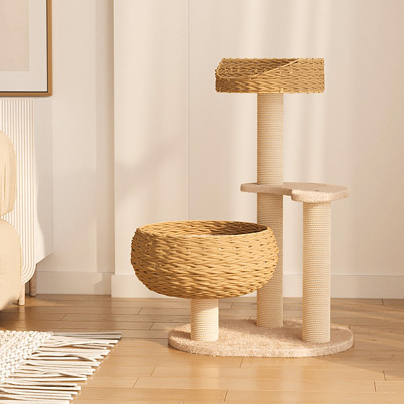 Unisex handmade cat tower featuring a soft plush finish, sleep bowl, and durable sisal rope sections.