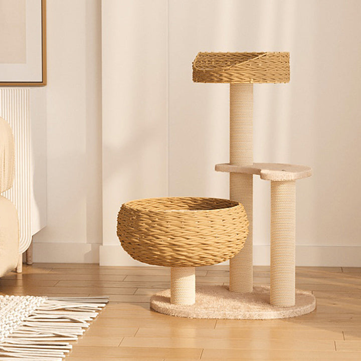 Unisex handmade cat tower featuring a soft plush finish, sleep bowl, and durable sisal rope sections.
