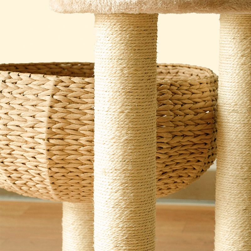 Deluxe handmade cat tree with two levels, a warm plush cat bed bowl, and integrated scratching post.