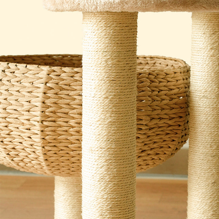 Deluxe handmade cat tree with two levels, a warm plush cat bed bowl, and integrated scratching post.