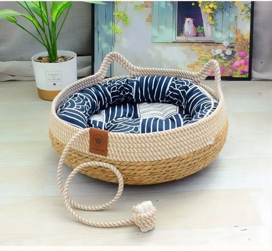Comfortable pet nest: round wicker bed with cotton cushion for cats & dogs.