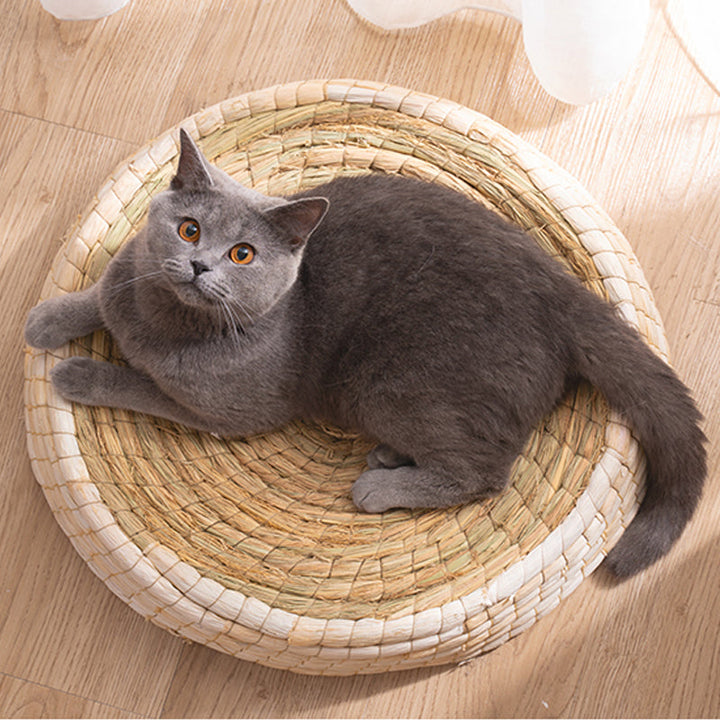 Handmade round natural fiber cat bed, cozy pet furniture for cats to relax and scratch.