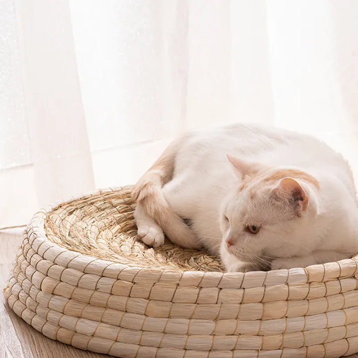 Unisex natural fiber woven cat bed, a comfortable and durable pet accessory for scratching.