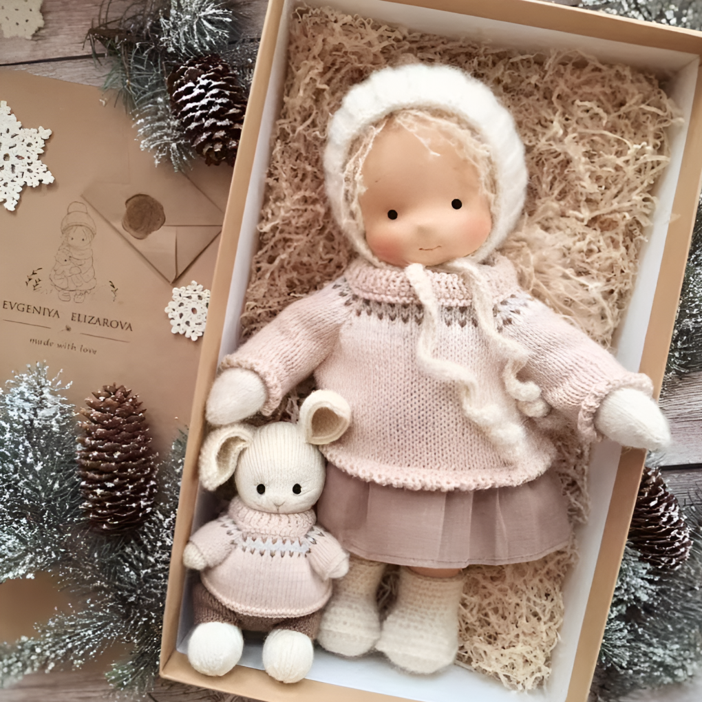 Educational Waldorf cloth doll, a natural organic cotton toy for gentle learning & play.