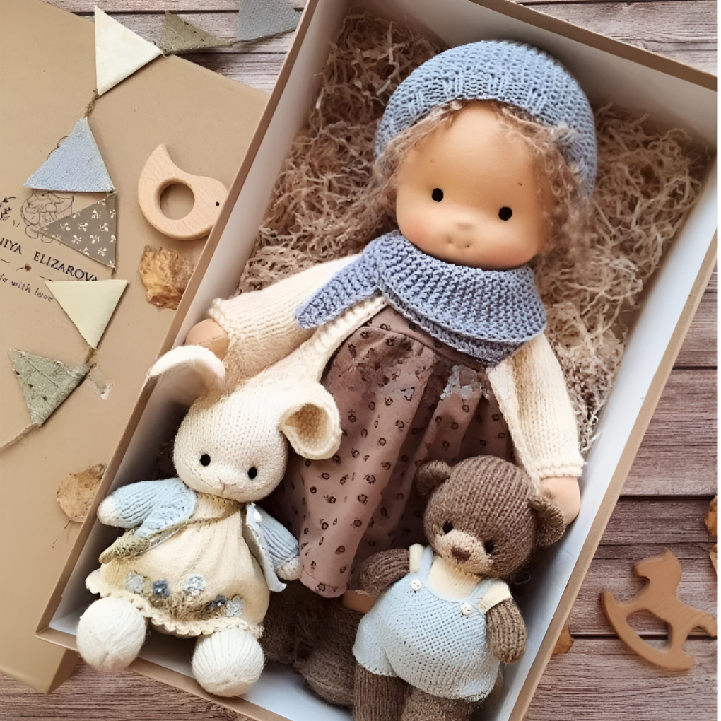 Organic cotton Waldorf doll, a soft, natural children's toy for inspiring imaginative play.