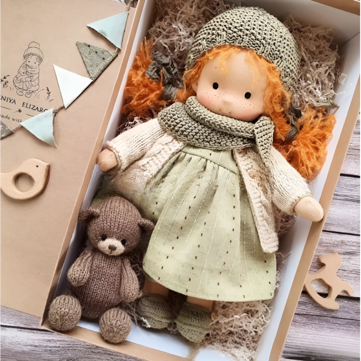 Handmade Waldorf wool doll, a cuddly natural toy encouraging imaginative play for kids.
