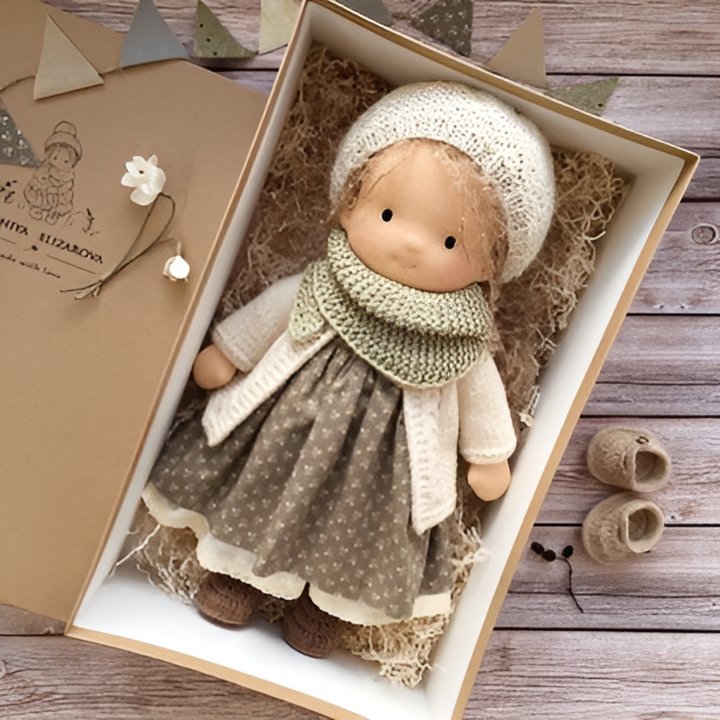 Heirloom quality Waldorf cloth doll, a handmade organic cotton toy for children's play.