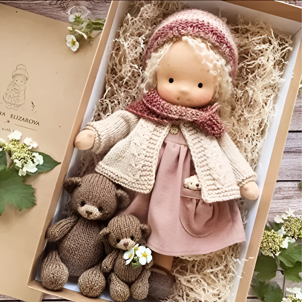 Natural children's toy: Handmade Waldorf doll, crafted from organic cotton and wool.
