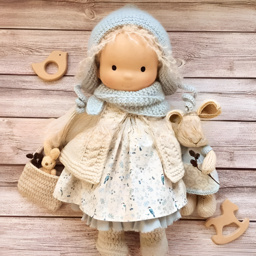 Soft cloth doll, Waldorf style, made with organic cotton for imaginative children's play.