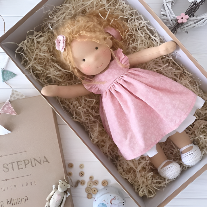 Heirloom Waldorf cloth doll, organic cotton, a natural toy for comforting imaginative play.
