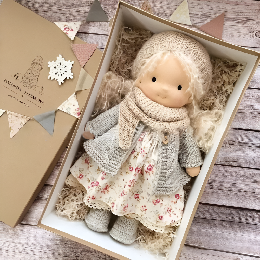 Handmade Waldorf wool doll, a natural and soft children's toy for imaginative adventures.