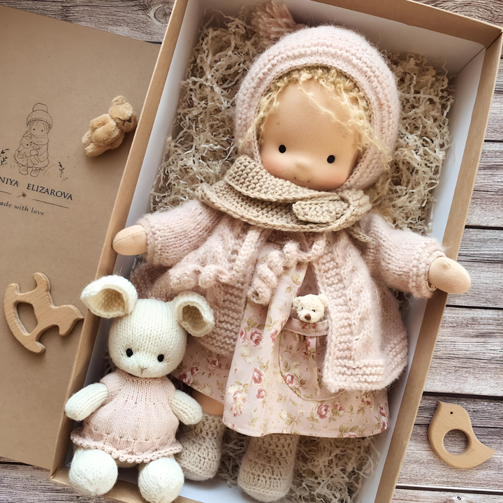 Soft Waldorf doll, a handmade organic cotton cloth toy, ideal for comforting play.