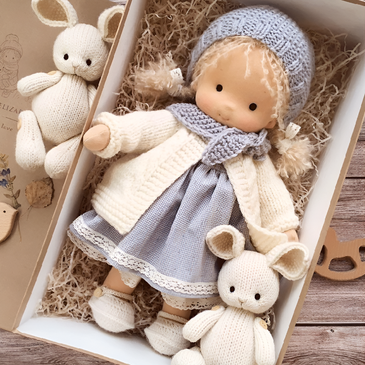 Natural heirloom Waldorf doll, a unique handmade wool and organic cotton toy.