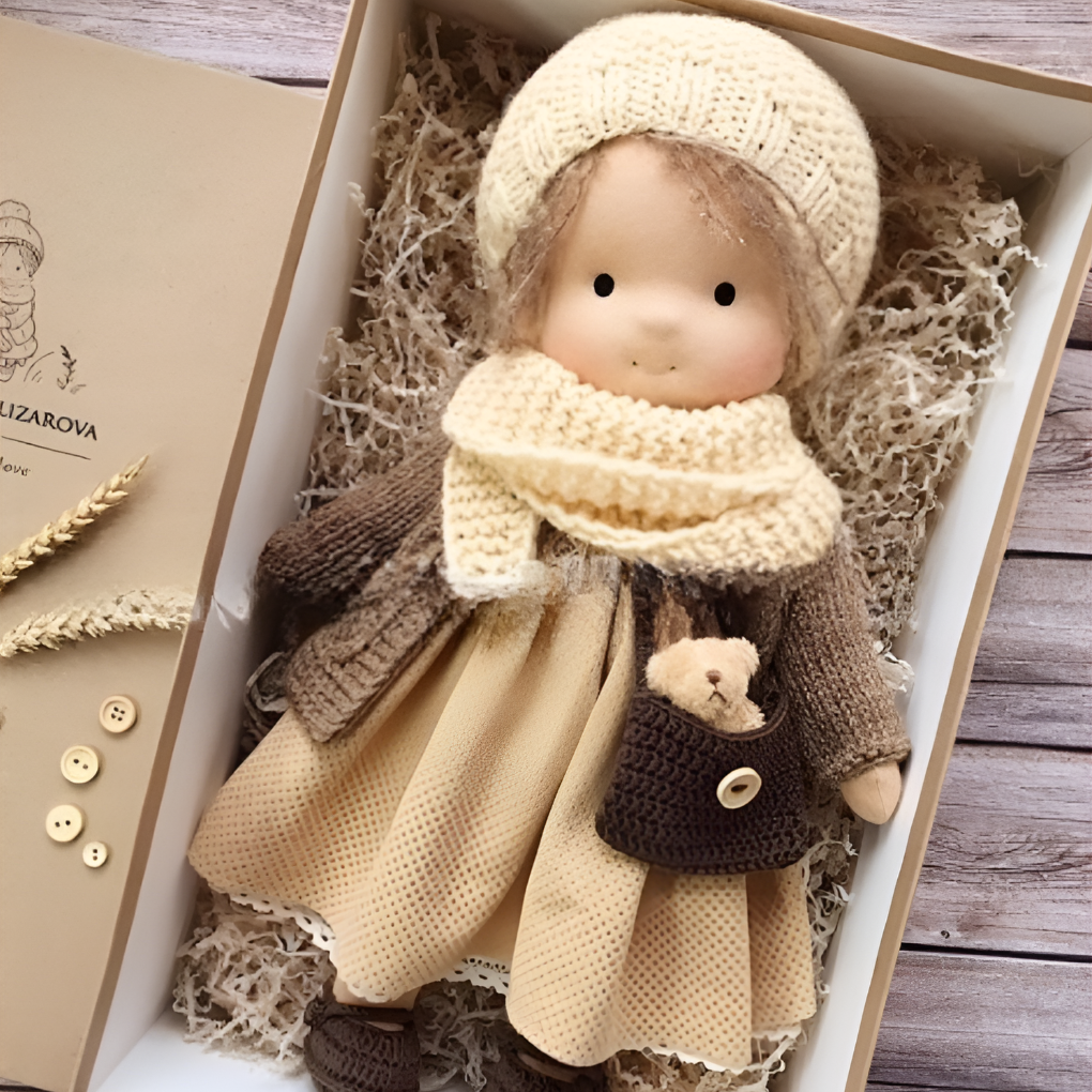 Children's Waldorf cloth doll, organic cotton, a soft handmade toy for creative play.