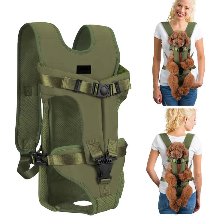 Adjustable pet carrier backpack for small pets, featuring mesh windows for ventilation.