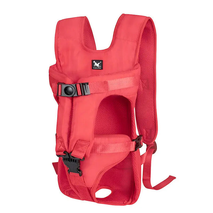 Front view of a pet carrier backpack being worn, showcasing its adjustable straps and secure design.