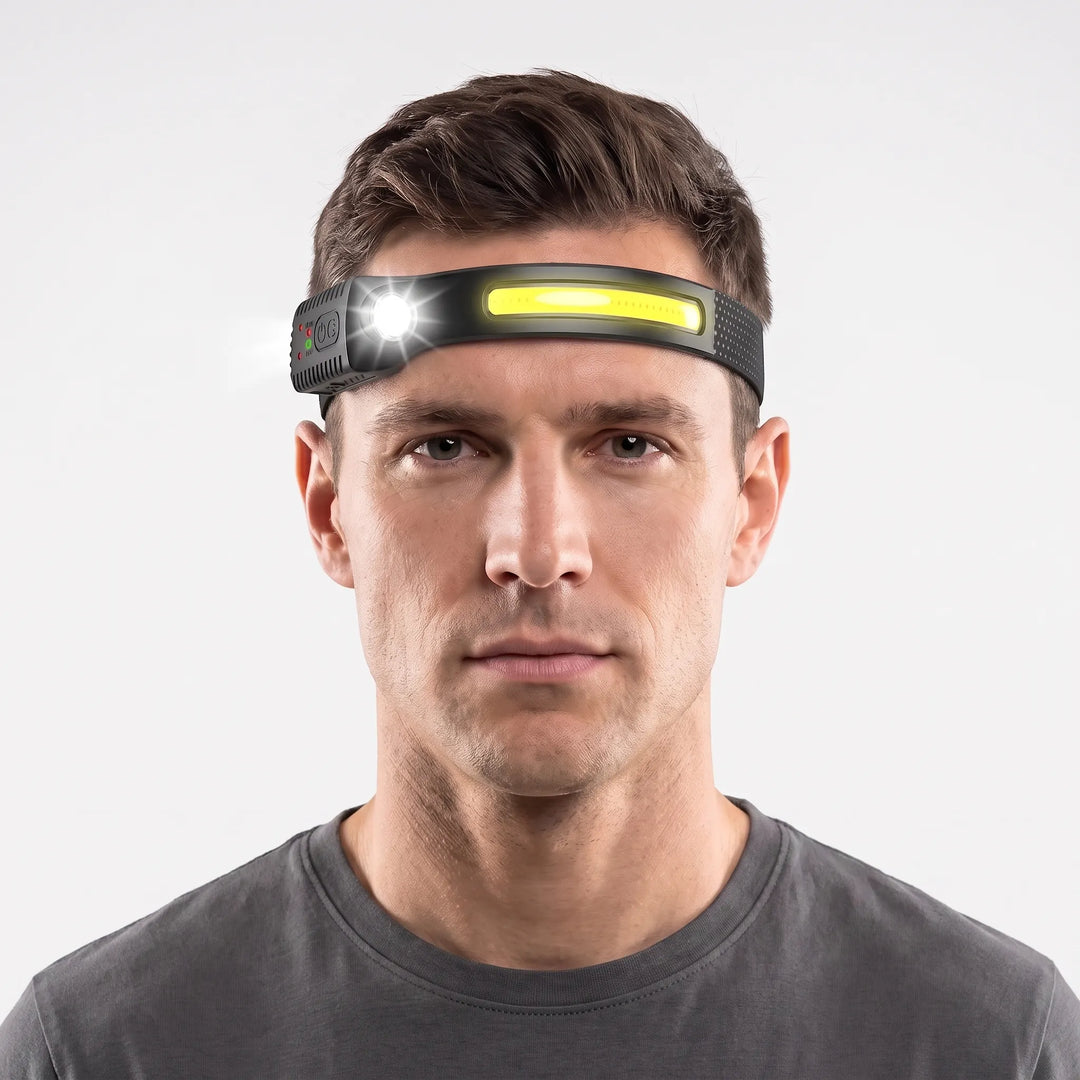 Hands-free rechargeable LED headlamp for outdoor activities, featuring a wide beam and motion sensor control.