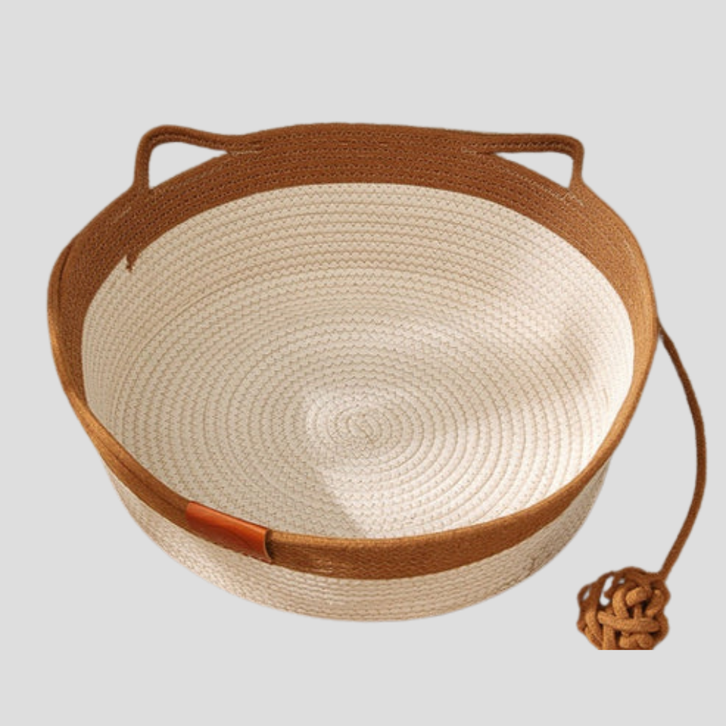 Sustainable cotton rope cat bed for comfortable pet lounging, a stylish cat accessory.