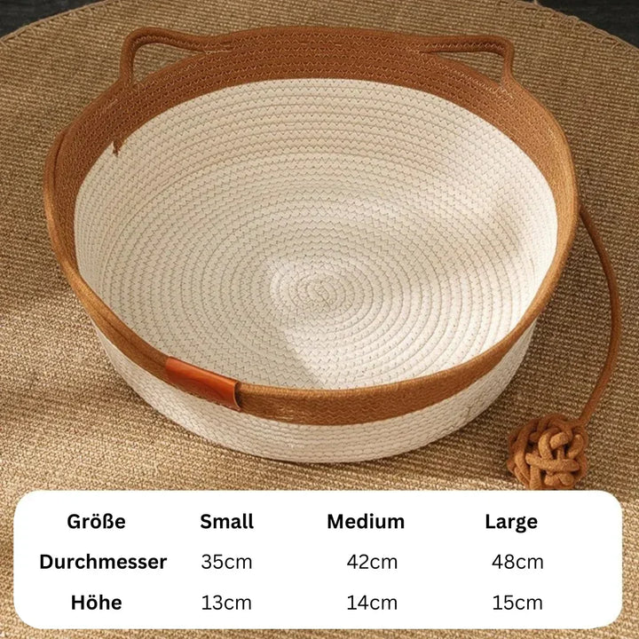 Stylish handwoven cotton rope cat bed, durable & comfortable, perfect pet furniture for feline relaxation.