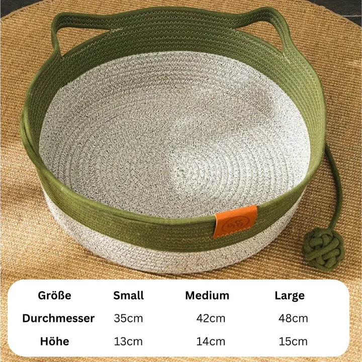 Cozy handwoven cotton rope cat bed for ultimate feline comfort. A durable, eco-friendly & stylish pet furniture piece.