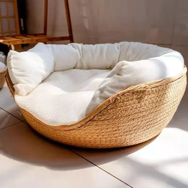 Handwoven eco-friendly cotton cat bed with soft cushion, perfect for a comfortable pet's sleep.
