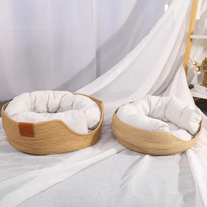 Stylish natural pet bed, handwoven from eco-friendly cotton, ideal for small dogs or cats.