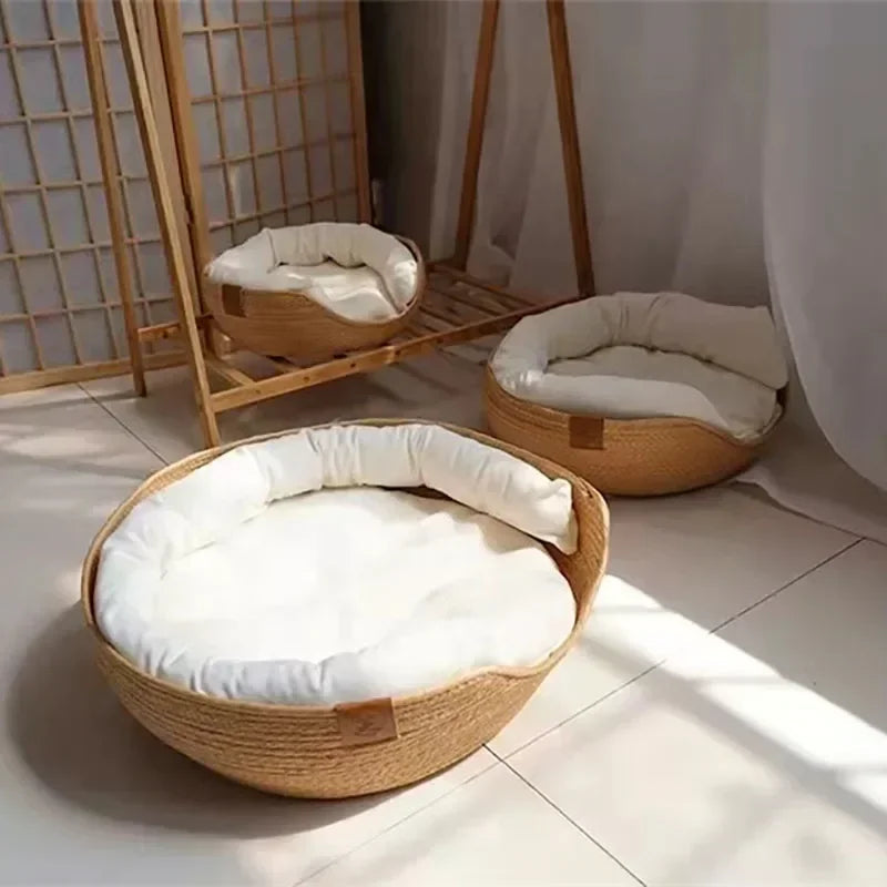Durable handwoven cotton pet bed with a removable cushion, an eco-friendly choice for cats.