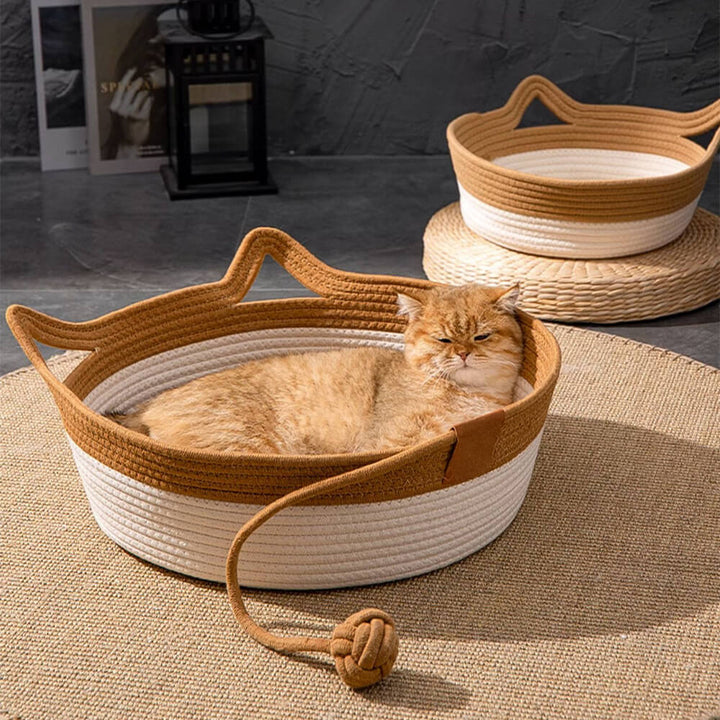 Handwoven grey cotton cat bed, cozy pet nest for cats & small animals, durable pet furniture