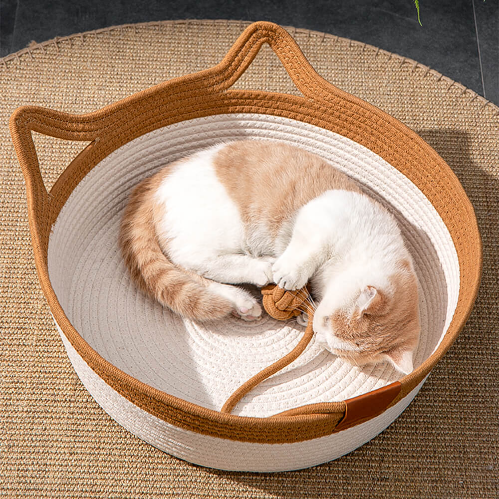 Empty handwoven yellow pet nest, ready for a cat or small animal, soft & sturdy cat bed