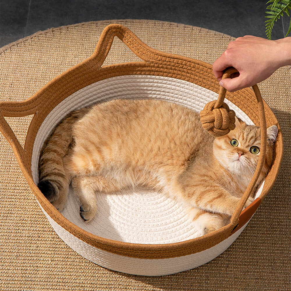 Side view of the handwoven green cat bed, elevated design for comfort, durable pet furniture