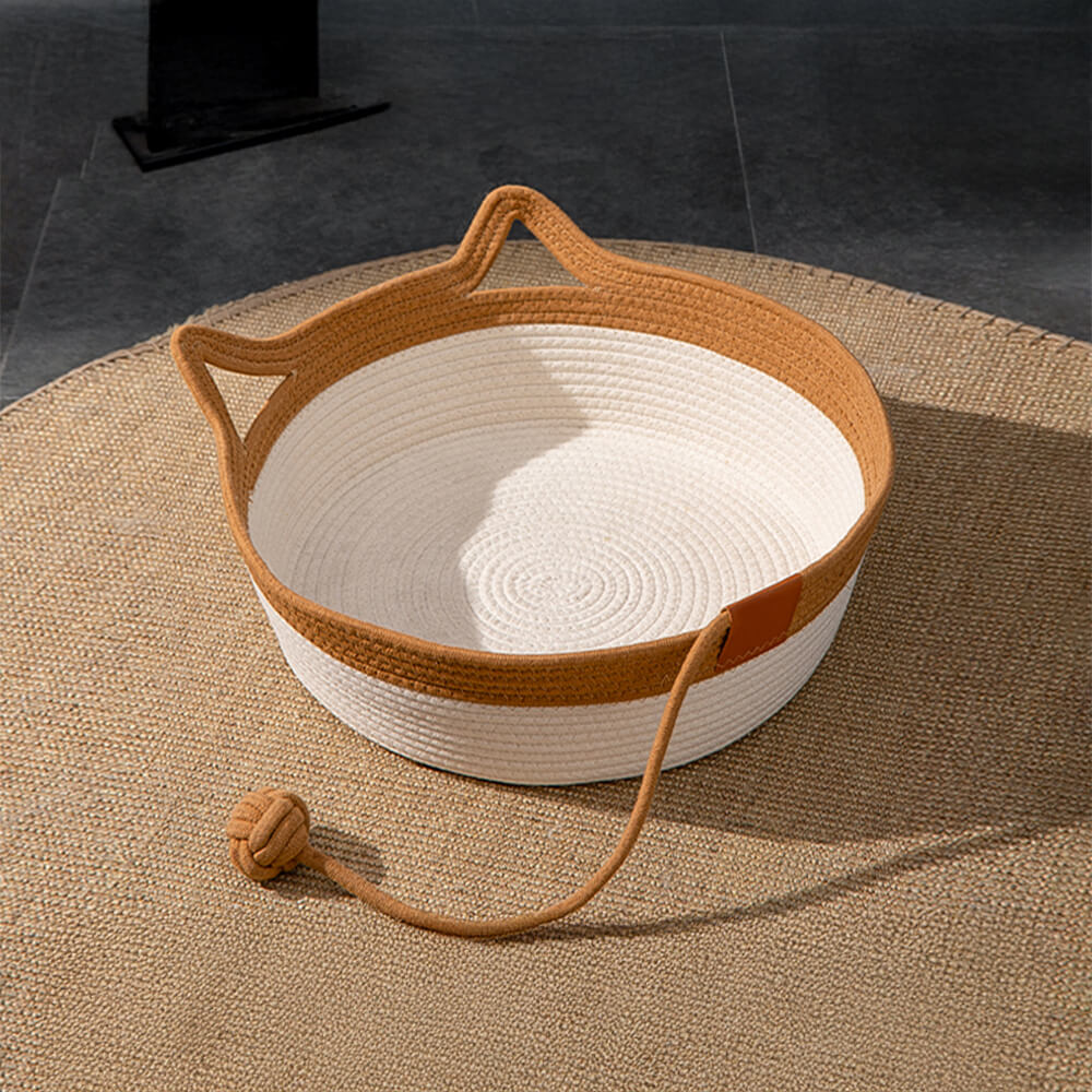 Handwoven pet nest bed in a modern apartment, stylish & cozy sleeping solution for cats
