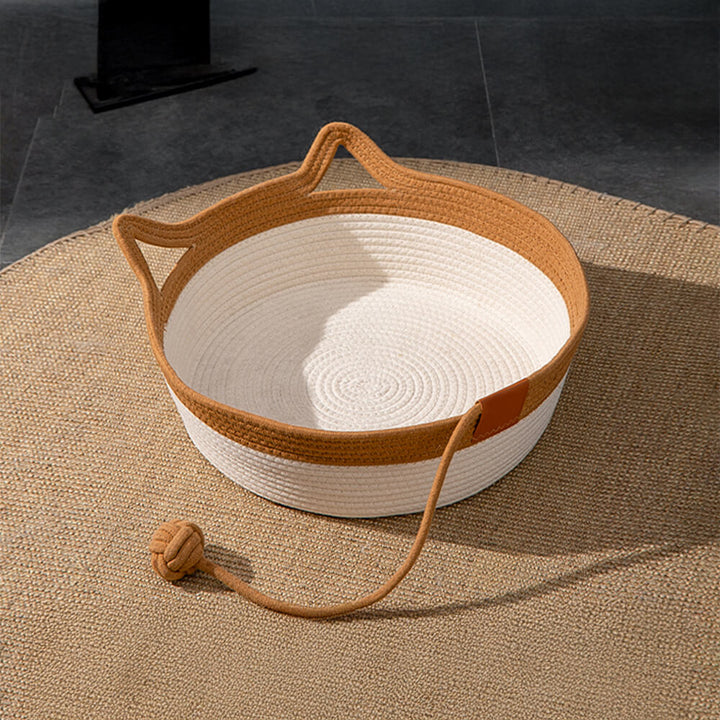 Handwoven pet nest bed in a modern apartment, stylish & cozy sleeping solution for cats