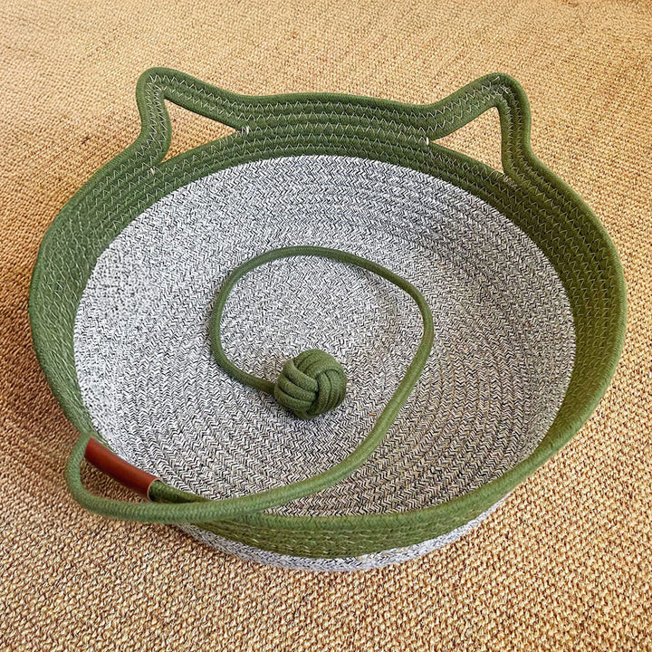 Close-up of handwoven green cotton pet nest, soft bed for cats, comfortable & durable cat supplies