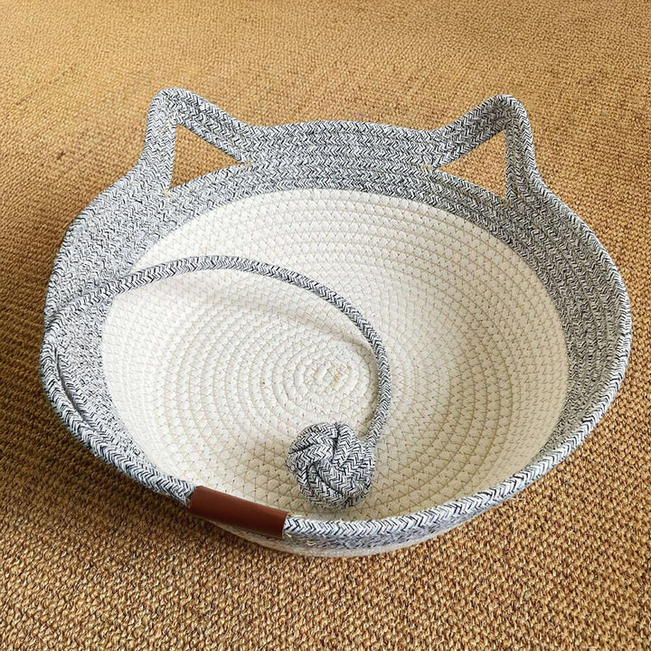 Yellow handwoven pet bed, round & cozy cat nest for small animals, stylish pet furniture