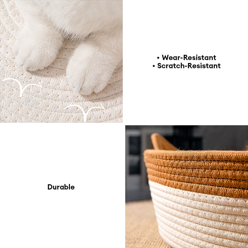 Top view of a handwoven cotton pet nest, illustrating intricate weave & cozy design for cats
