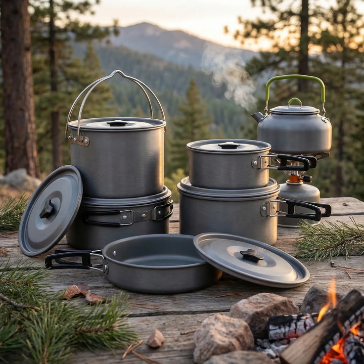 Hard anodized camping cookware set, stackable for outdoor cooking & backpacking.