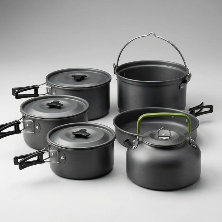 Portable nesting pot set for camping & hiking, durable outdoor kitchen gear.