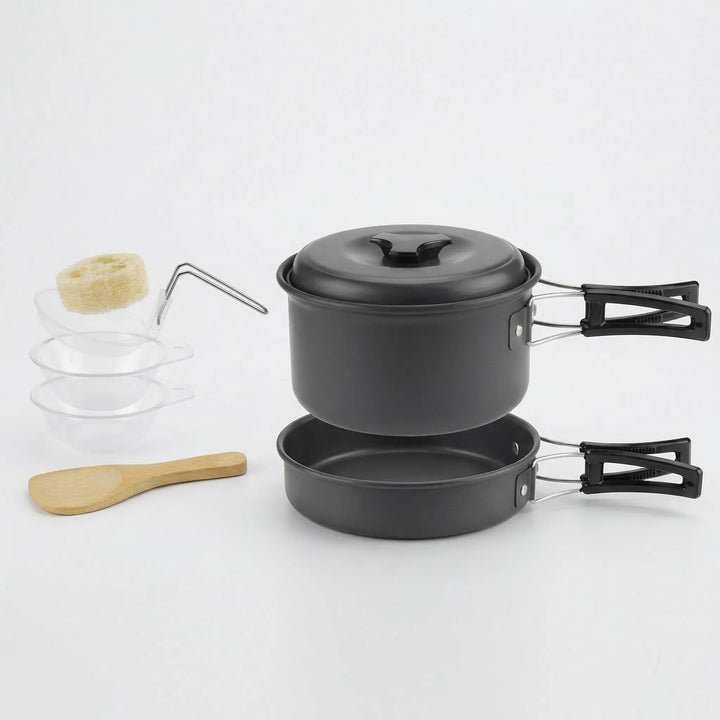 Durable outdoor cooking set, ideal for camp kitchens & preparing meals while camping.