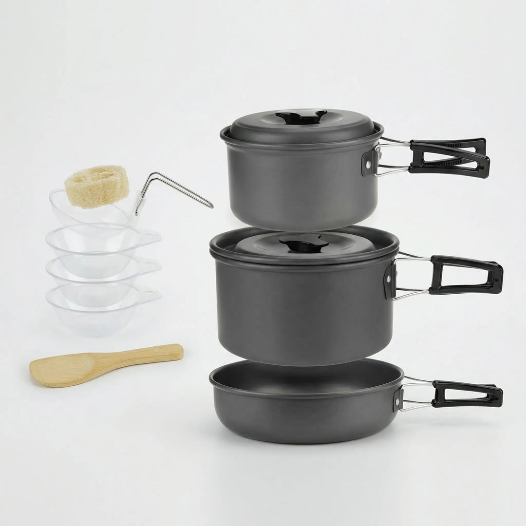 Hard anodized backpacking pot set, stackable & compact for travel and outdoor cooking.