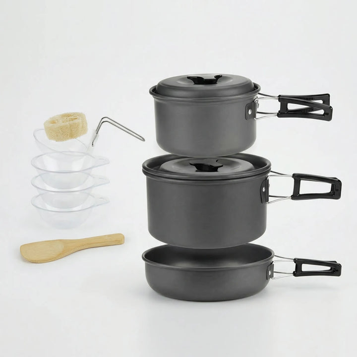 Hard anodized backpacking pot set, stackable & compact for travel and outdoor cooking.