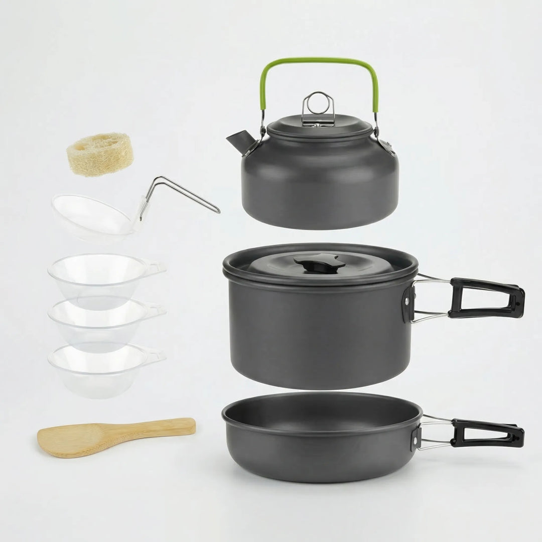 Essential camping cookware set, durable & portable hard anodized pots for outdoor cooking.
