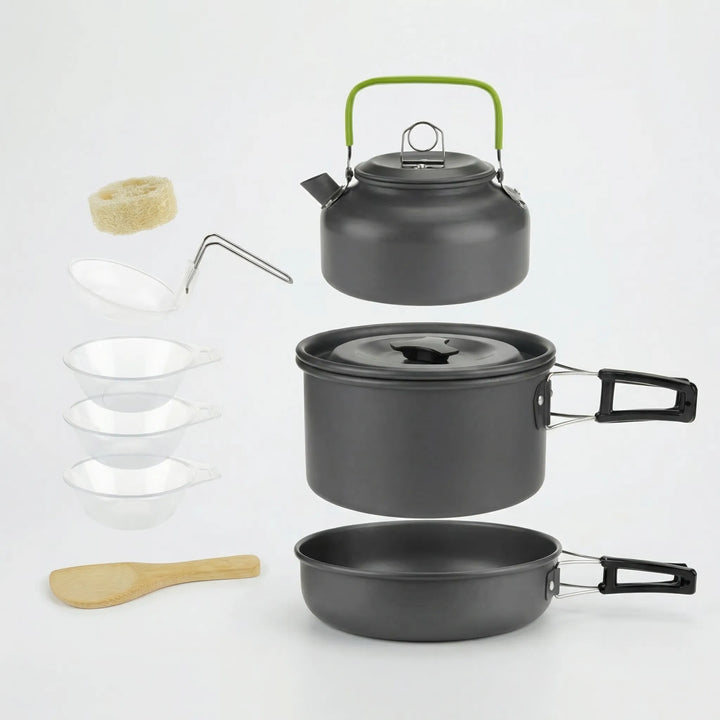 Essential camping cookware set, durable & portable hard anodized pots for outdoor cooking.