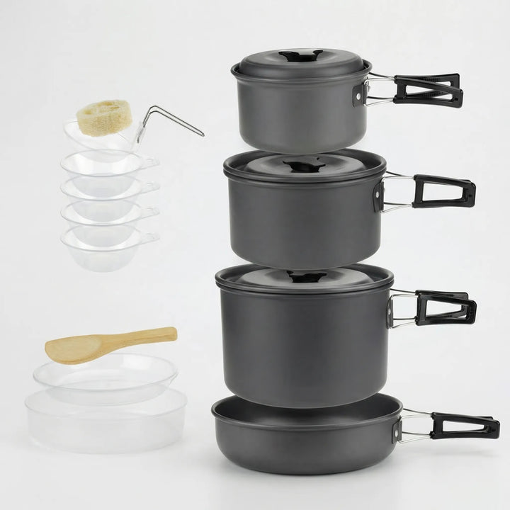Lightweight hard anodized backpacking pot set, stackable for hiking and outdoor meals.