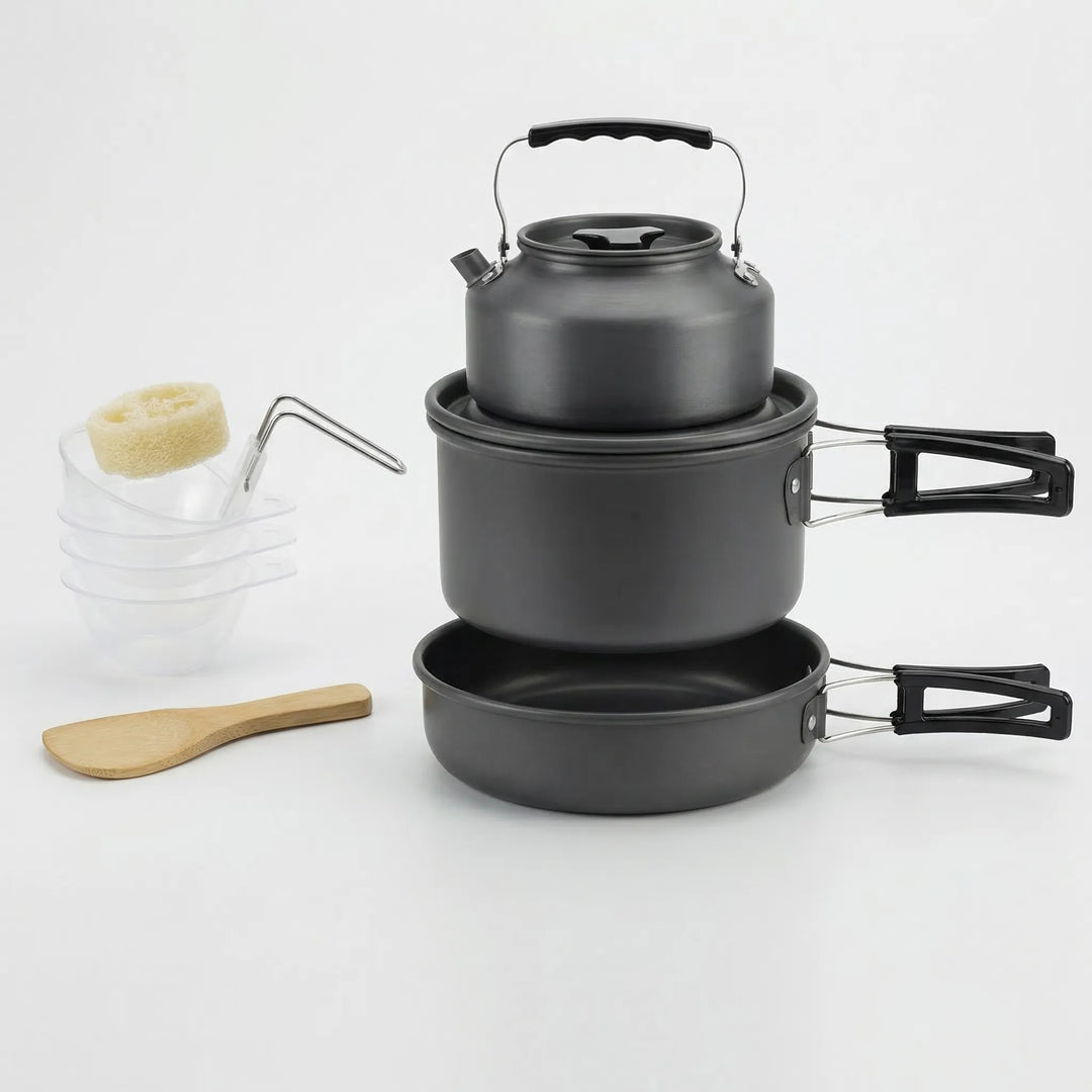 Stackable & durable hard anodized cookset, perfect for outdoor, travel, and camping kitchens.