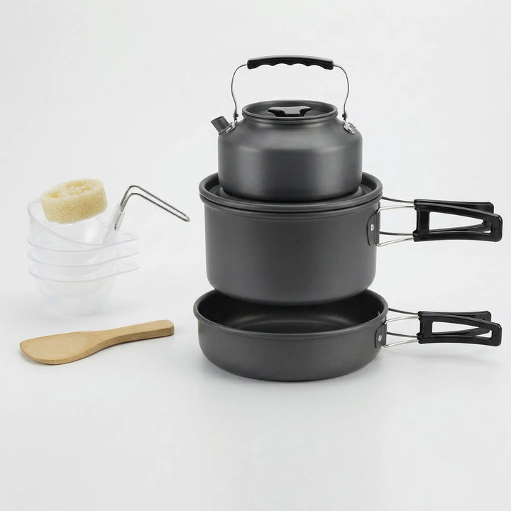 Stackable & durable hard anodized cookset, perfect for outdoor, travel, and camping kitchens.