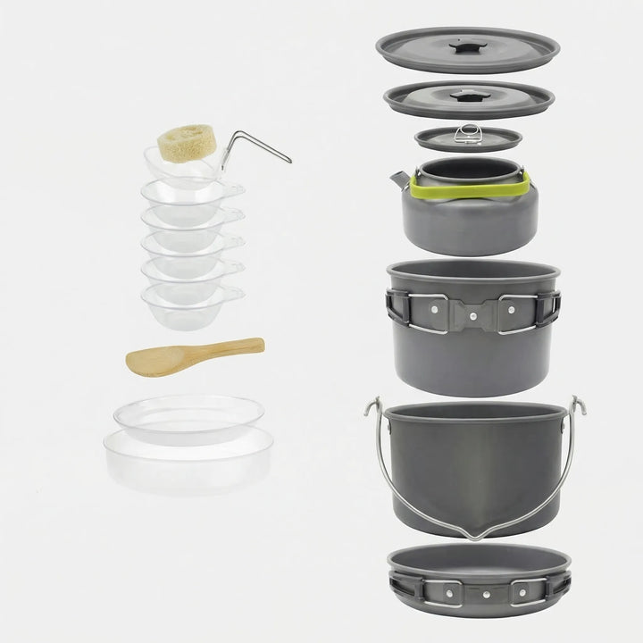 Compact outdoor camp kitchen set with nesting pots, efficient for hiking and travel cooking.