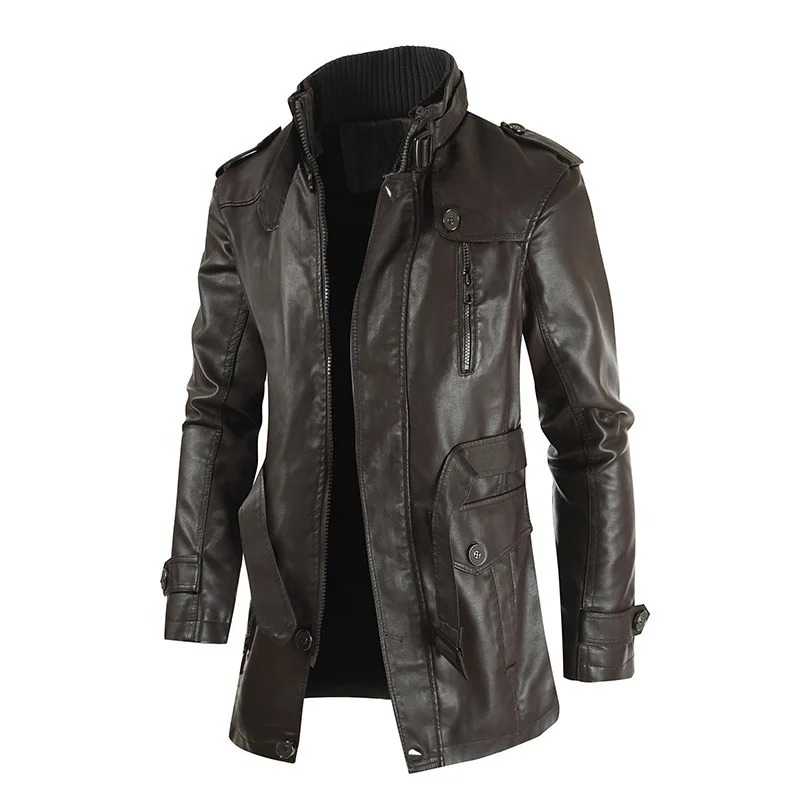 Stylish black men's urban jacket with a sleek stand collar & practical zippered pockets. Perfect versatile outerwear.