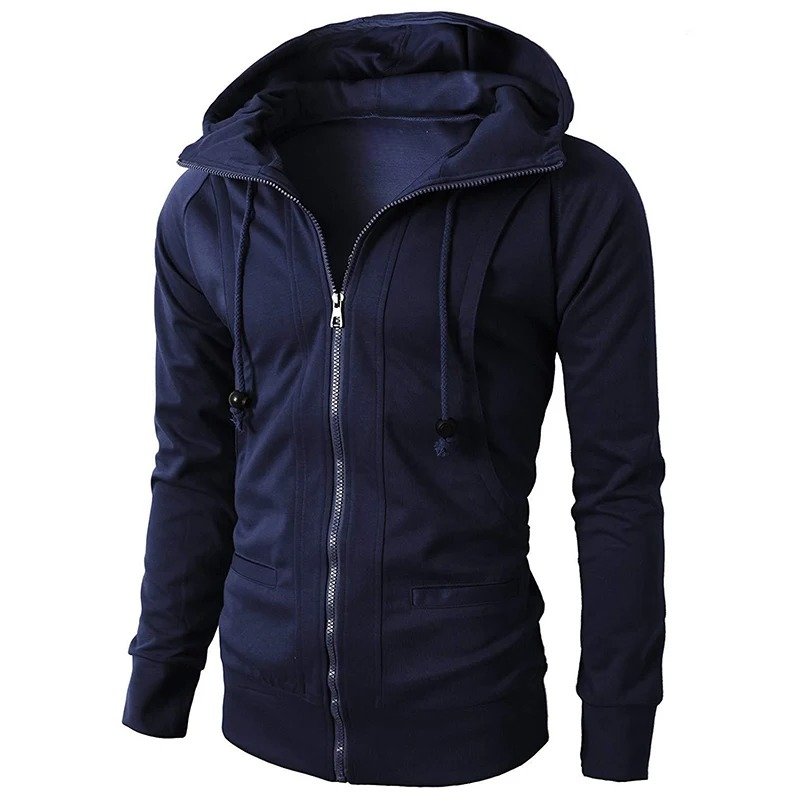 Comfortable navy men's hooded sweatshirt, great for everyday layering and relaxed casual outfits.